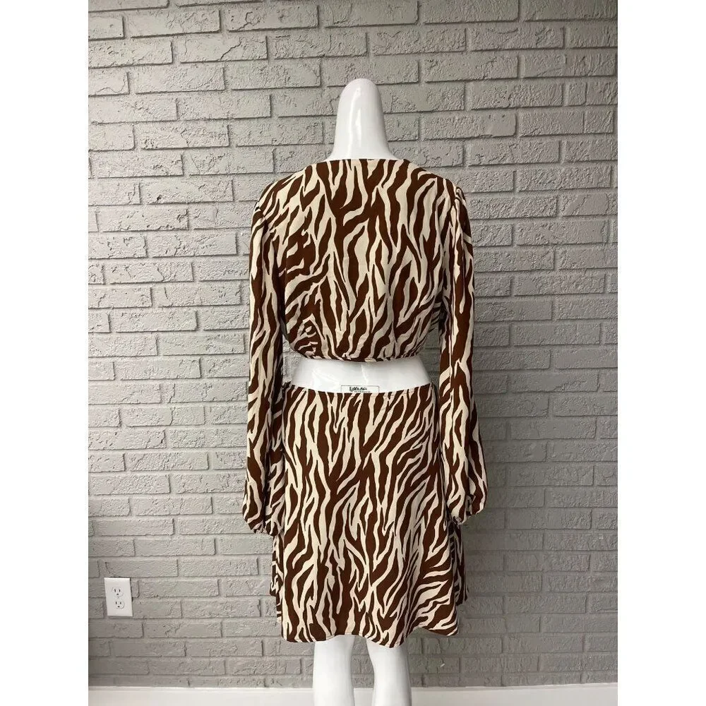 Style Rack Women's Brown / Cream Zebra Print 2 PCS Tie Top Skirt Set Size L NWT